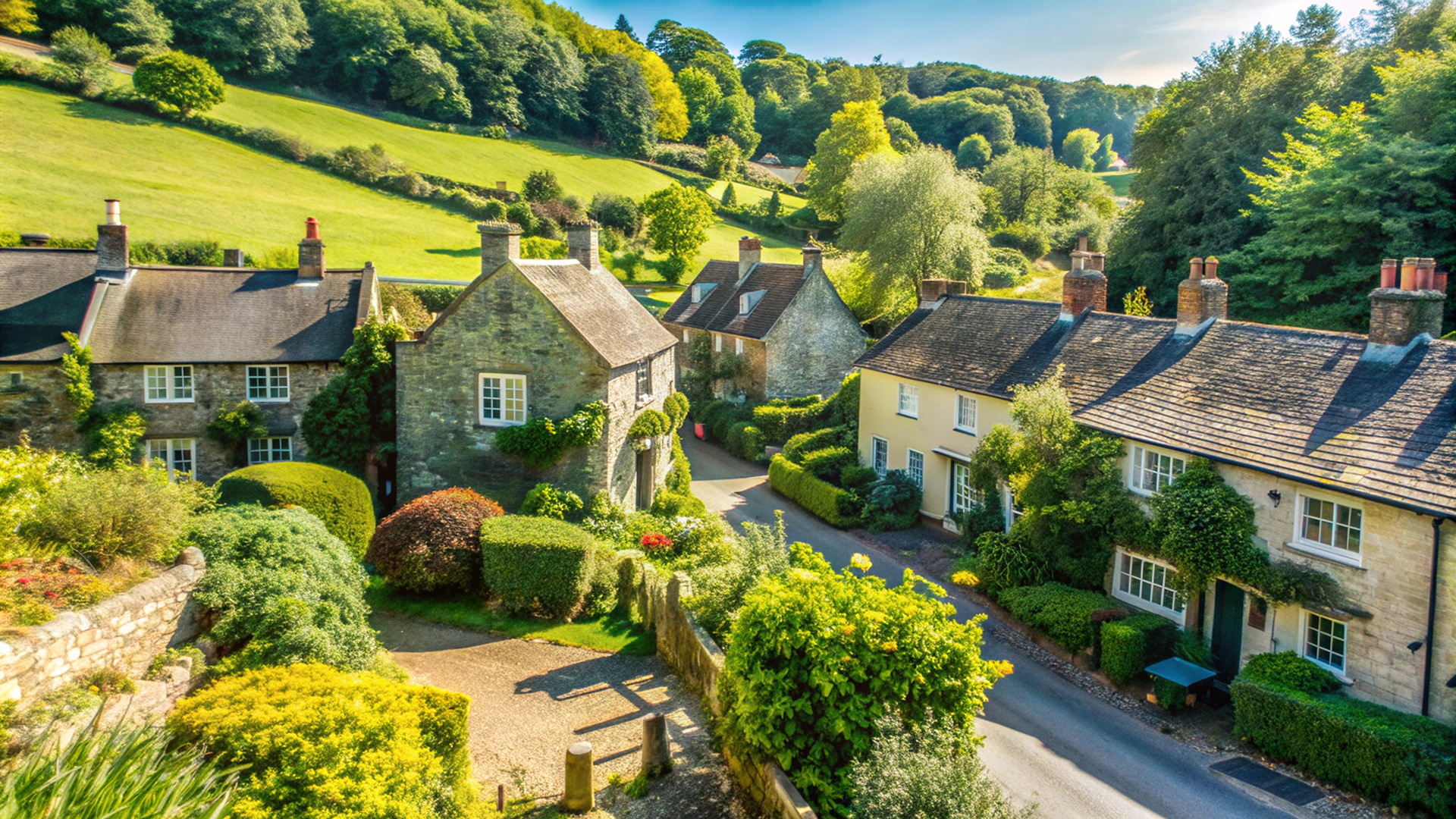 Picturesque English Village Houses on a Sunny Day.